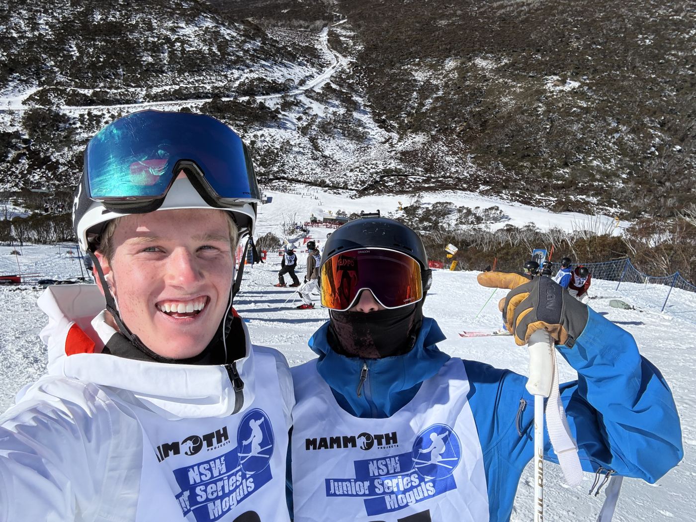 Hugh and a teammate in race bibs